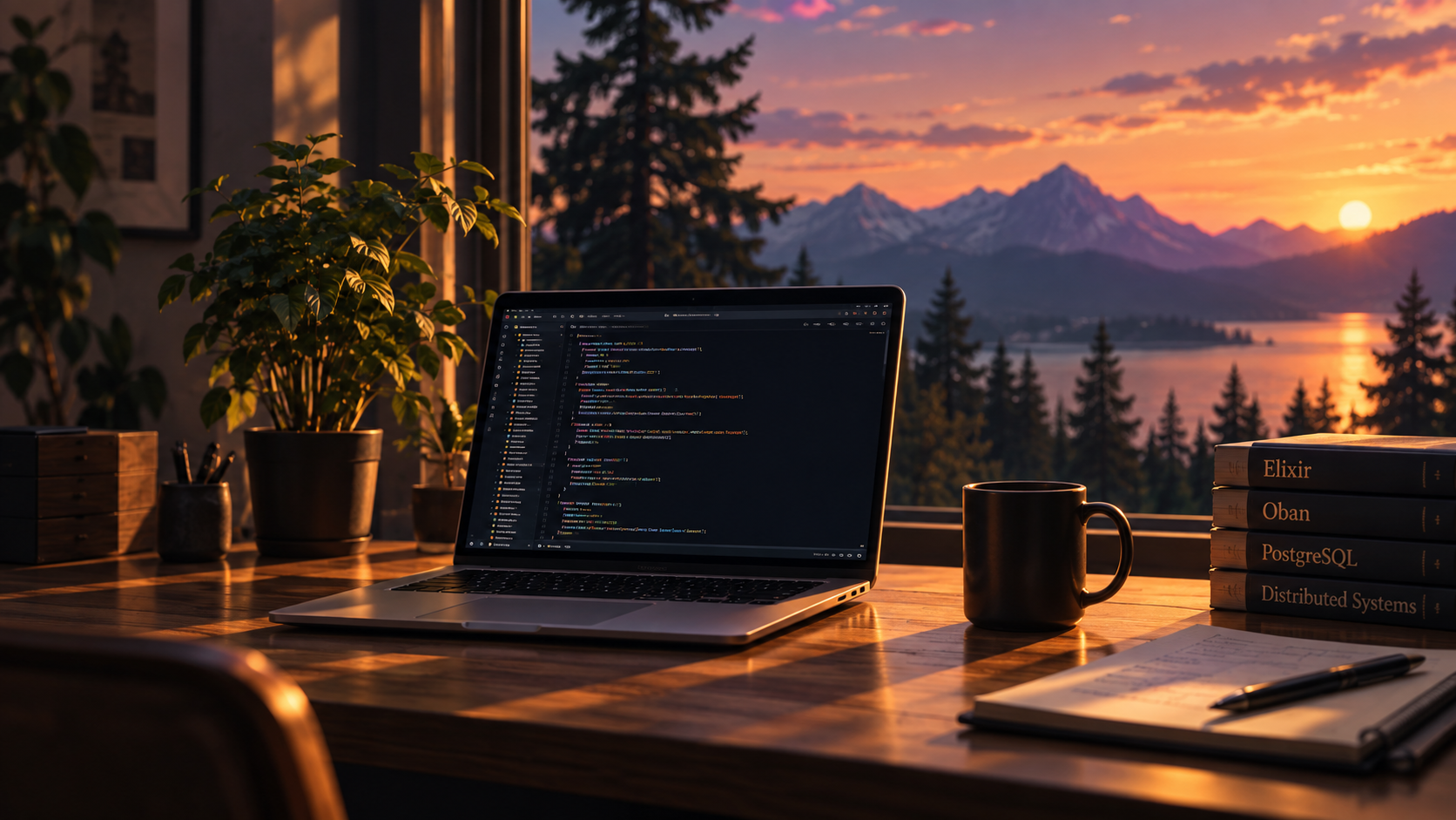 A laptop showing code on a wooden desk by a window, looking out at a lake and mountains at sunset, with a mug and a stack of books on Elixir, Oban, PostgreSQL and distributed systems.