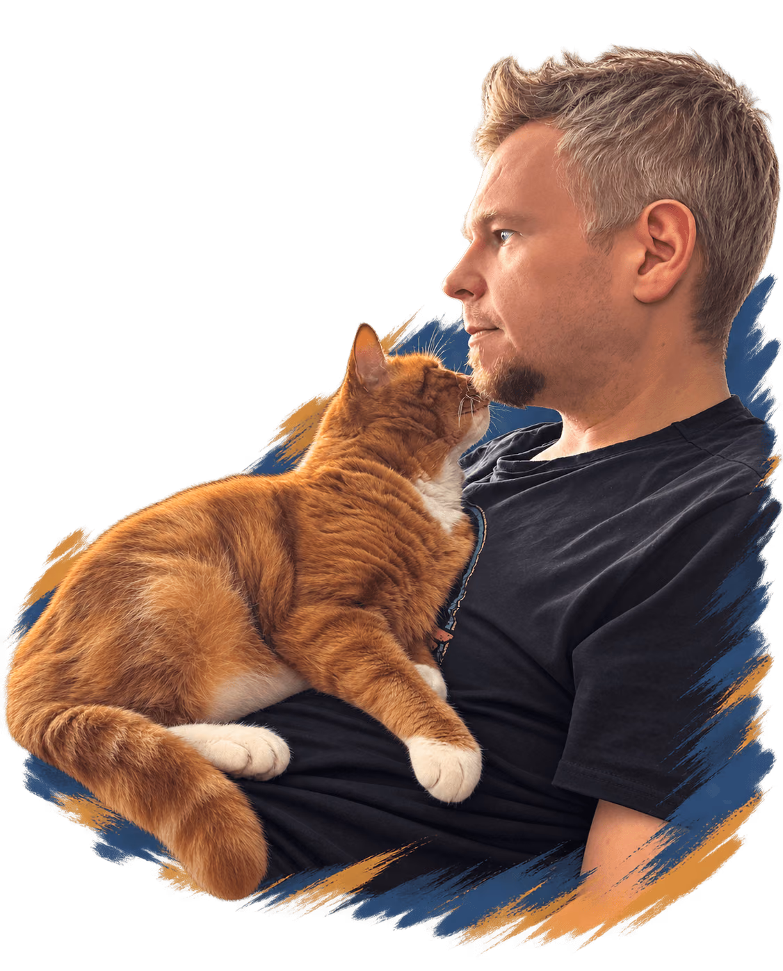 Tomasz holding Harvey, a ginger cat, both looking off to one side